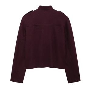Back view of a deep burgundy wool jacket featuring a stand collar and epaulettes detail