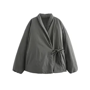 Women's Streetwear Kimono Style Quilted Jacket Padded Warm Coat With Side Tie Long Sleeve V-Neck Casual Solid Outwear Top