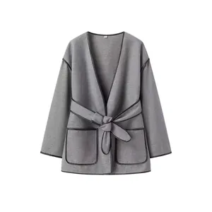 Women Elegant Double Sided Wool Like Overcoat Chic Contrasting Trim Belted Long Sleeve V Neck Fashion Outerwear Winter Jacket