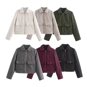 Detailed grid view of women's short tweed jacket showing six colors and flap pockets