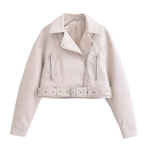 Veste Motard en Similicuir pour Femme Coupe Courte Avec Ceinture Revers Manches Longues Fermeture Éclair Asymétrique Automne Hiver