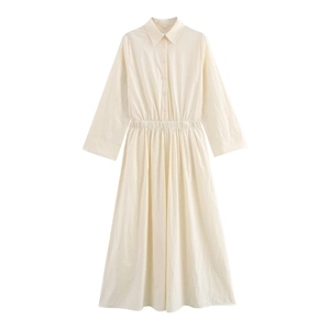 Elegant cream white long-sleeve shirt midi dress with waist detail and A-line silhouette