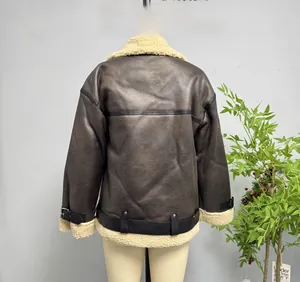 Rear view of dark brown faux shearling aviator jacket with white wool trim and leather straps