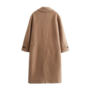 Classic camel wool long coat for women with minimalist back seam and notched collar detail