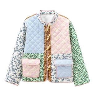 Women's vintage patchwork quilted jacket with floral patterns and horn buttons