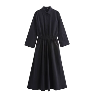 Elegant black long sleeve midi shirt dress with button-up collar and elastic waist