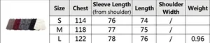 Size chart for women's knit cape sweater jacket with bust and sleeve measurements