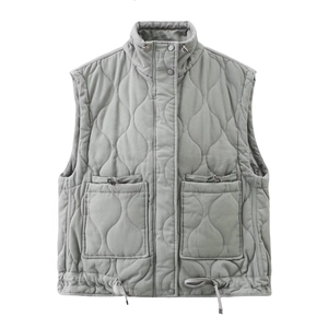 Light grey quilted sleeveless puffer vest with high stand collar and large front pockets
