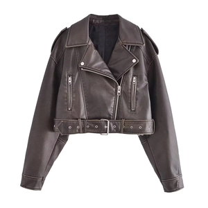 Veste de motard femme en similicuir marron foncé avec fermeture éclair et ceinture