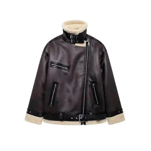 Women Faux Shearling Aviator Jacket Vintage PU Leather B3 Bomber Coat Sherpa Lining Zipper Pockets Belted Hem Brown Outwear