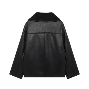 Back view of a trendy women's black faux leather jacket with plush shearling collar