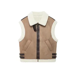 Women's Faux Suede Shearling Vest Lapel Zipper Sleeveless Biker Waistcoat Thickened Warm Winter Jacket Outwear
