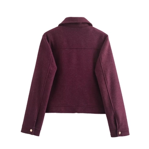 Flat lay back view of a dark purple tweed jacket featuring collar and buttoned sleeves