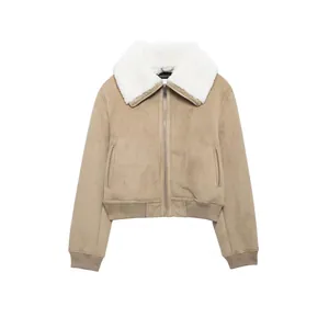 Veste Aviateur en Suédine pour Femme avec Col en Fausse Mouton Bomber Rembourré Chaud avec Finitions Nervurées