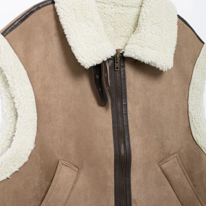 Women fleece-lined vest coat with faux suede contrast and lapel collar in caramel brown