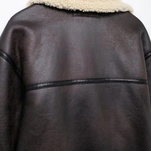 Vintage dark brown faux leather shearling aviator jacket back view with plush white collar