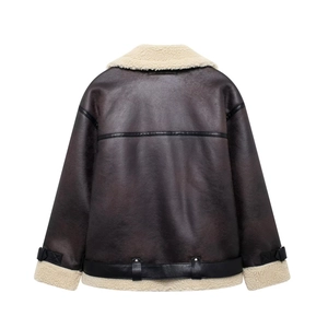 Vintage dark brown aviator jacket with sherpa lining, back view showing stylish leather trims