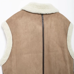 Brown faux suede vest with white fleece trim and vertical stitching detail on the back