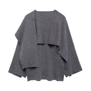 Detailed knit texture and layered batwing sleeve design of the grey poncho sweater