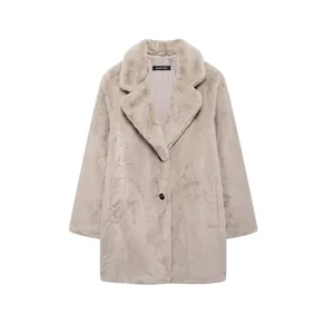 Women's Fashion Faux Fur Coat Mid-length Autumn Winter Warm Soft Jacket Elegant Lapel Solid Color Single Button Outerwear
