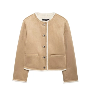 Veste femme en suédine camel avec doublure imitation mouton et boutons métalliques