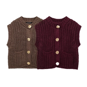 Chunky knit button-up vests in brown and wine red with gold buttons and pockets