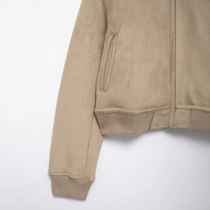 Veste en suédine beige pour femme avec poignets et ourlet côtelés pour automne-hiver