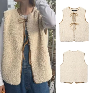 Women Casual Off White Fleece Vest Round Neck Lace Up Contrast Piping Lamb Wool Waistcoat Sleeveless Warm Commuter Outerwear Top