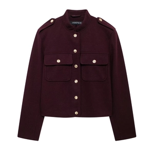 Women Fashion Wine Red Short Woolen Jacket Stand Collar Epaulets Gold Buttons Flap Pockets Military Style Outerwear Coat