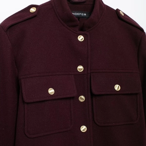 Women's burgundy short jacket with chic gold buttons and stand collar street style