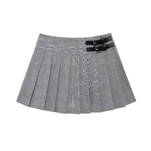Jupe-short Plissée Pied-de-poule Grise Femme Taille Haute Jupe à Carreaux Avec Boucle Noire Style Britannique Mode Décontractée