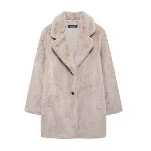 Chic beige faux fur coat for women featuring a stylish lapel and black button closure