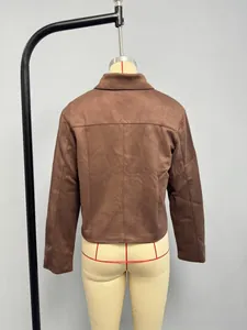 Rear view of brown faux suede cropped jacket with seam details and lapel collar design
