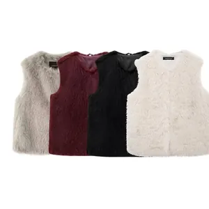 Gilet en Fausse Fourrure pour Femmes Sans Manches Col Rond Cardigan Automne Hiver Couleur Unie Polyester Gilet Vêtements Chauds