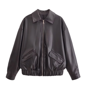 Damen Kunstlederjacke Oversize Streetwear Herbst Winter Reißverschluss Kragen Bombermantel Mit Taschen Schwarz Lässig Outwear