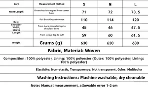 Detailed size chart for women street fashion blazer jacket with measurements and materials