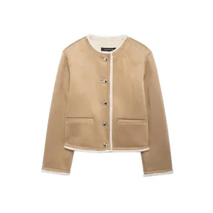 Veste Femme Kaki en Suédine et Imitation Mouton Col Rond Simple Boutonnage Manteau Court Avec Boutons Métalliques Hiver Casual