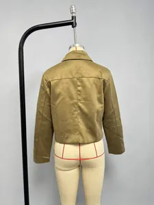 Close-up back view of camel suede cropped jacket with notched lapel and center seam detail
