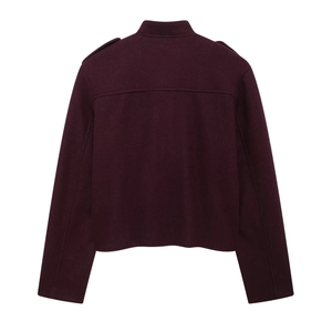 Deep purple wool blend cropped jacket for women featuring a minimalist military style back view
