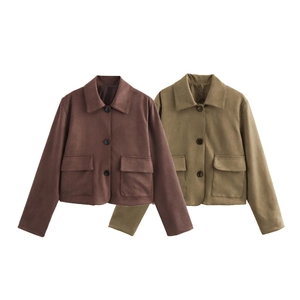 Detail of cropped lapel suede jackets in dark brown and olive green with flap pockets