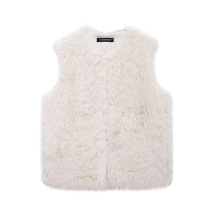 Gilet en fausse fourrure duveteuse pour femme blanc crème avec col rond pour l'hiver