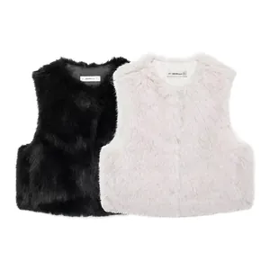 Gilet Court en Fausse Fourrure pour Femme Col Rond Sans Manches Gilet en Peluche Couleur Unie Automne Hiver Streetwear Top