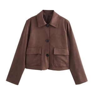 Detailed flat lay of a dark brown suede short jacket with classic lapel and large pockets