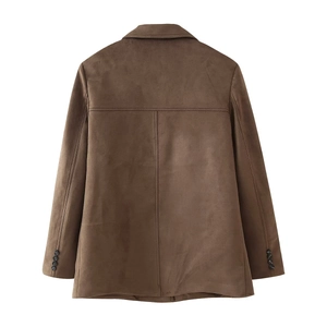 Back view of brown faux suede blazer featuring classic lapels and buttoned cuffs