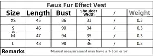 Size guide table for the faux fur cropped vest showing measurements from XS to L