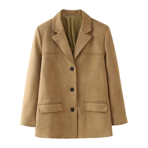 Detailed view of women's khaki faux suede blazer with three black buttons and notch lapels