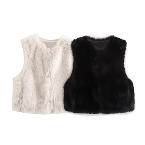 Detailed plush texture of women's short faux fur vests in off-white and black colors