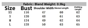 Size guide for women's contrast lapel jacket showing XS to L measurements in a table