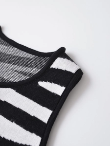 Close-up of black and white striped knit texture and premium neckline stitching details