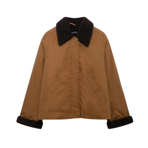 Detail of contrast collar and warm faux shearling lining on brown long sleeve jacket
